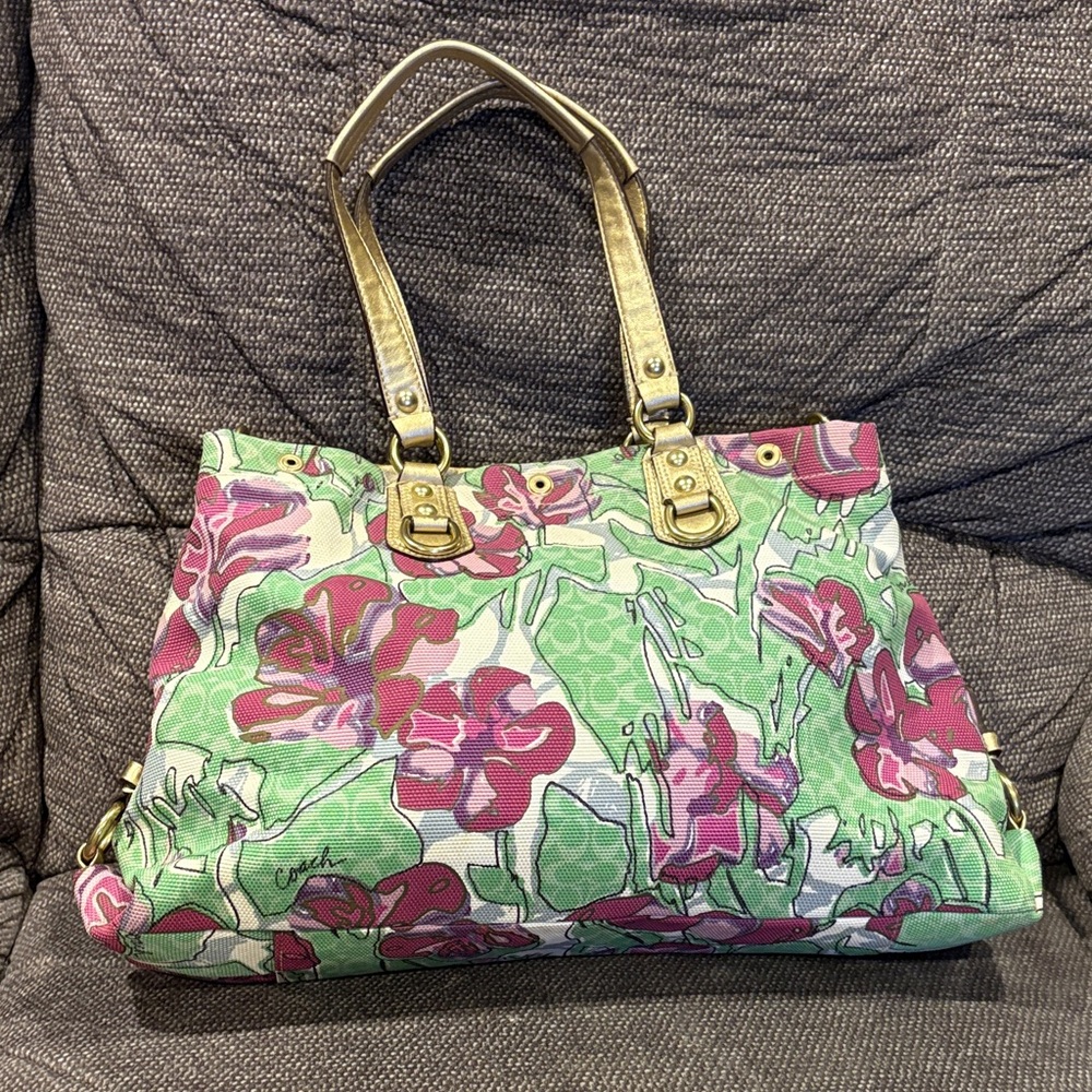 Coach Ashley Floral Tote in Pink, Green & Gold - Picture 3 of 11